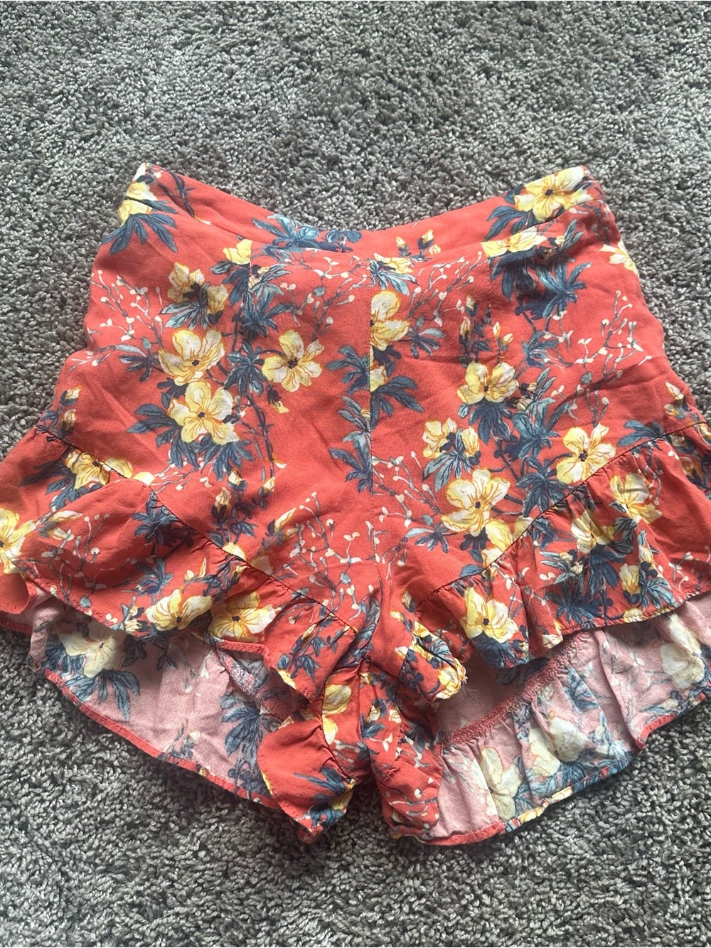 Cotton Candy Coral Floral High-Waist Ruffle Shorts